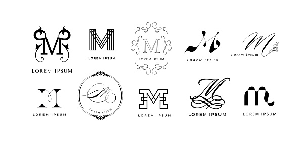 Creative M emblem. Letter m monogram for minimalist and modern branding. Typography template vector icon set. Classic business identity elements, isolated luxury logo with minimal design