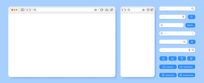 Browser UI template. Internet page layout, user interface search bar panels and action buttons vector illustration set. Windows of various sizes for laptop and smartphone isolated