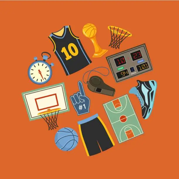 Vector illustration of Basketball icons circle. Game equipment, basketball hoop and ball, scoreboard, whistle and stopwatch vector illustration set