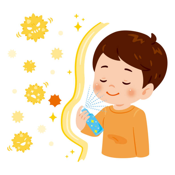 A boy uses a spray to prevent pollen and viruses A boy uses a spray to prevent pollen and viruses hay fever play stock illustrations