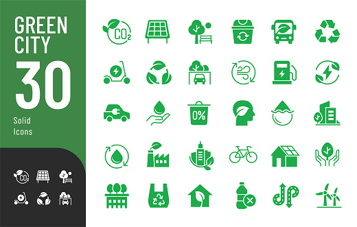 Vector illustration in modern flat style of eco related icons: CO2 neutral, zero waste, use bike, green energy, air and water quality. Isolated on white