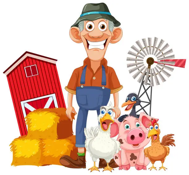 Vector illustration of Cheerful farmer standing with various farm animals