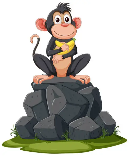 Vector illustration of A happy monkey holding a banana, sitting on stones.