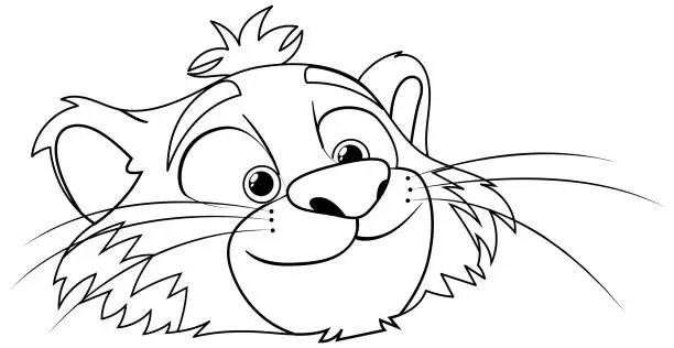 Vector illustration of Black and white drawing of a happy lion cub.