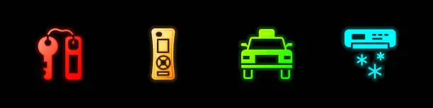 Vector illustration of Set Hotel door lock key, Remote control, Taxi car and Air conditioner icon. Vector