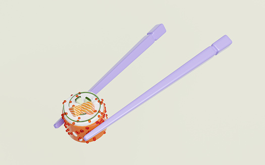 3d uramaki sushi with chopsticks. japanese food isolated concept, 3d render illustration