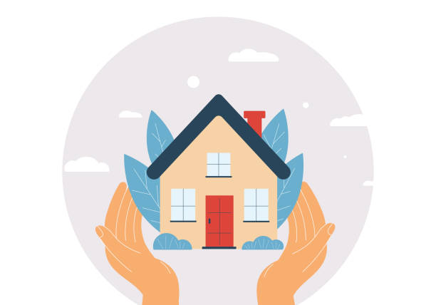 istock Hands and a small house. Home protection concept. Insurance. Design for web banner, advertising, poster, booklet. 2004597559