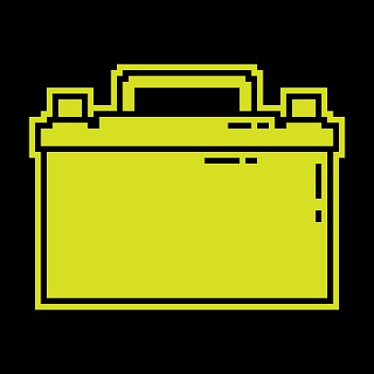 Car battery Pixel silhouette icon with electric charge sign. Maintaining battery power. Maintenance in car repair shop. Simple black and yellow vector isolated