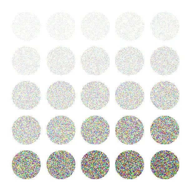 Vector illustration of Round shaped dotted objects, vintage stipple elements. Fading gradient. Stippling, dotwork drawing, shading using dots. Colored disintegration effect. Noise grainy texture. Vector illustration