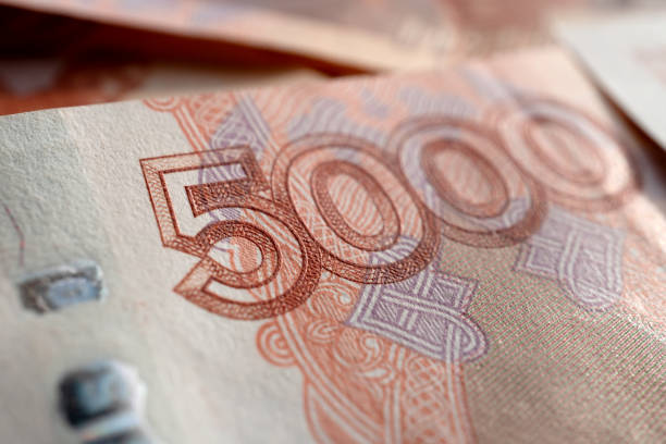 Russian banknotes. Money scattered on the surface