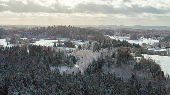 An aerial view of the wild winter snow-clad peaks and mosaic landscape of the Haanja upland, Voru county, Estonia
