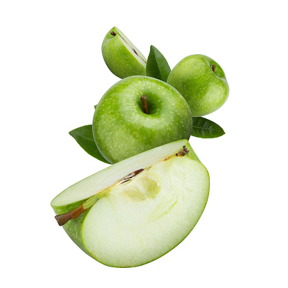Fresh Green apples and Green apple slices on a white background