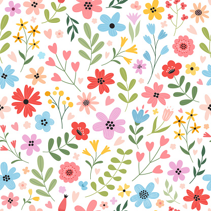 Hand drawn seamless beautiful floral pattern. Fabric design with simple spring summer flowers and hearts. Vector cute print for baby fabric, wallpaper or wrap paper.