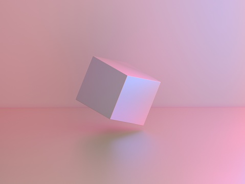 Abstract 3D background. Fractured 3D cube render against light grey background with shallow depth of field and copy space