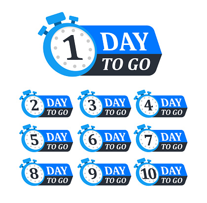 Collection of countdown badges showing numbers 1 to 10 days left, styled with stopwatch icons.