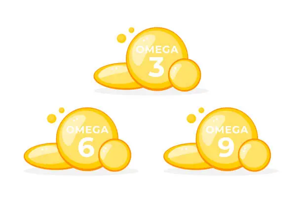 Vector illustration of Bright and glossy omega 3, 6, 9 fatty acids capsules illustration for health and nutrition