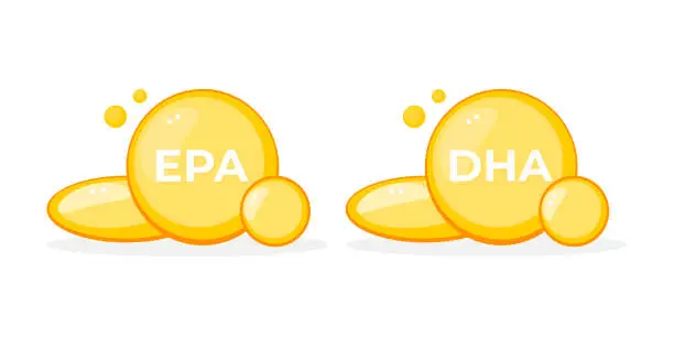 Vector illustration of Essential fatty acids EPA and DHA in sunny yellow capsules