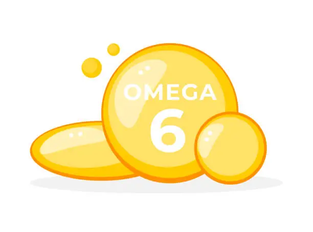 Vector illustration of Omega 6 pill oil. Vitamin drop pill capsule. Fatty acid representation. Vector illustration