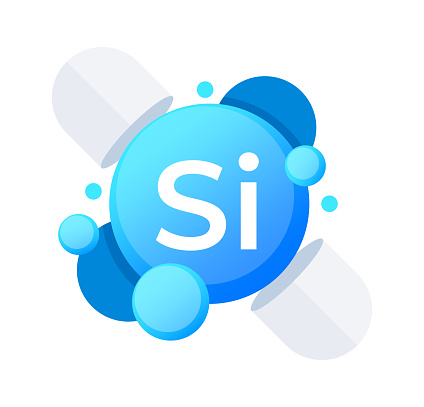 Silicon Si element showcased with aquatic blue orbs in a sleek vector illustration.