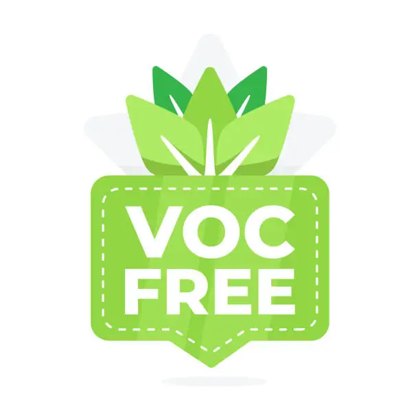 Vector illustration of Green label with a leaf motif for VOC Free products, representing no volatile organic compounds used