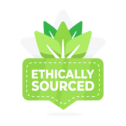 Badge highlighting ethically sourced products with a leaf design, emphasizing responsible sourcing.