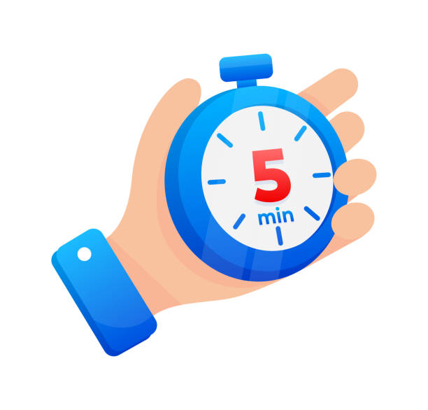 illustrazioni stock, clip art, cartoni animati e icone di tendenza di mano che impugna saldamente un cronometro blu impostato su 5 minuti, con un'evidenziazione rossa prominente sul timer - number 5 accuracy time blue