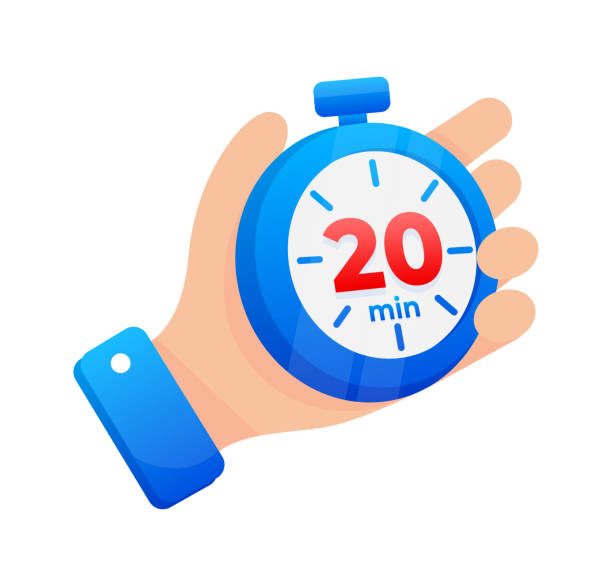 illustrations, cliparts, dessins animés et icônes de main tenant fermement un chronomètre bleu réglé sur 20 minutes, avec un point rouge proéminent sur la minuterie - number 20 minute hand stopwatch vector