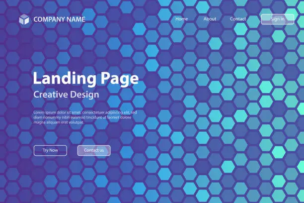 Vector illustration of Landing page Template - Hexagonal mosaic with Blue gradient - Abstract geometric background
