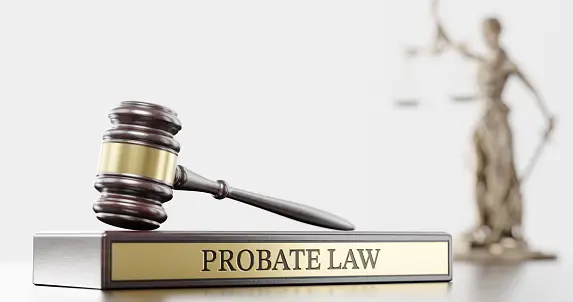 the probate process is a crucial legal procedure following an individual’s death, judges gavel as a symbol of legal system and wooden stand with text word