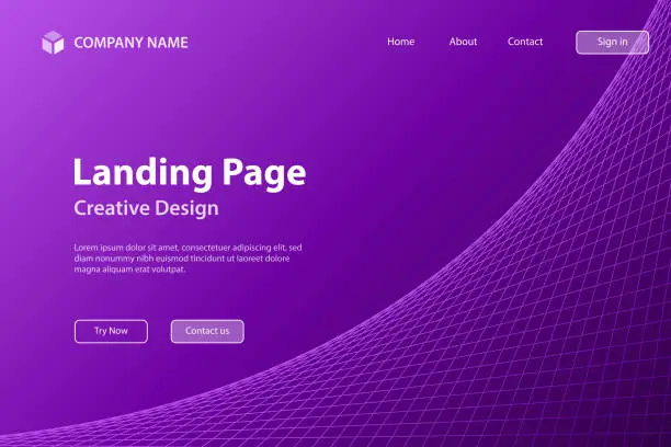 Vector illustration of Landing page Template - Purple geometric background with curved 3D grid