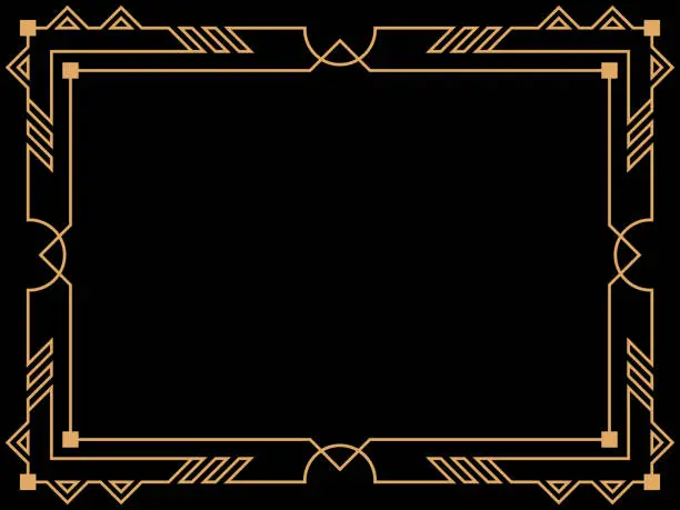 Vector illustration of Art deco frame. Vintage linear border. Design a template for invitations, leaflets and greeting cards. Geometric golden frame. The style of the 1920s - 1930s. Vector illustration