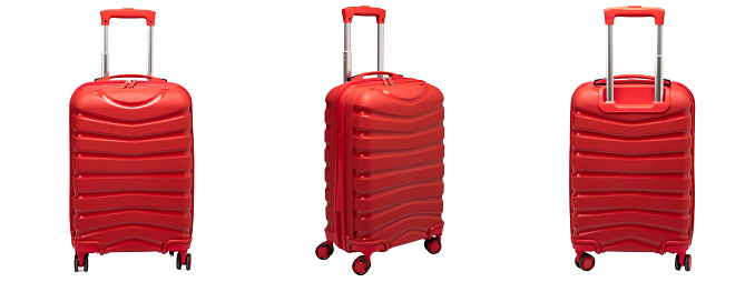 Red suitcase with travel stickers on white background