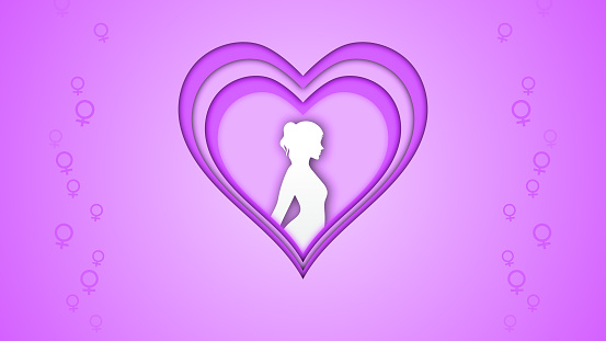 This stock image featuring women silhouettes in a layered heart adorned with female symbols. Perfect for International Women's Day or any event celebrating femininity, the design exudes beauty, creativity, and gender equality. The elegant combination of silhouette and symbols conveys a powerful message of love, happiness, and empowerment.