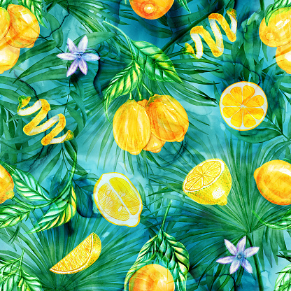 Tropical leaves and lemons watercolor seamless pattern. Branches of exotic plants and citrus yellow fruits endless background. For fabric and wallpaper.