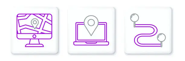 Vector illustration of Set line Route location, Medical map pointer with cross hospital and Laptop marker icon. Vector