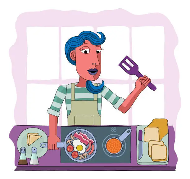 Vector illustration of Woman Cooking Food Fried English Breakfast Kitchen