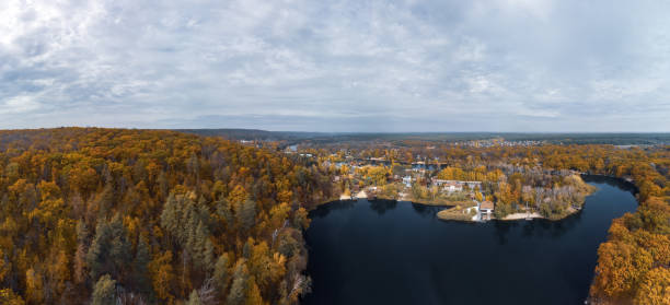 istock Aerial panoramic autumn river with yellow forest 2004693235