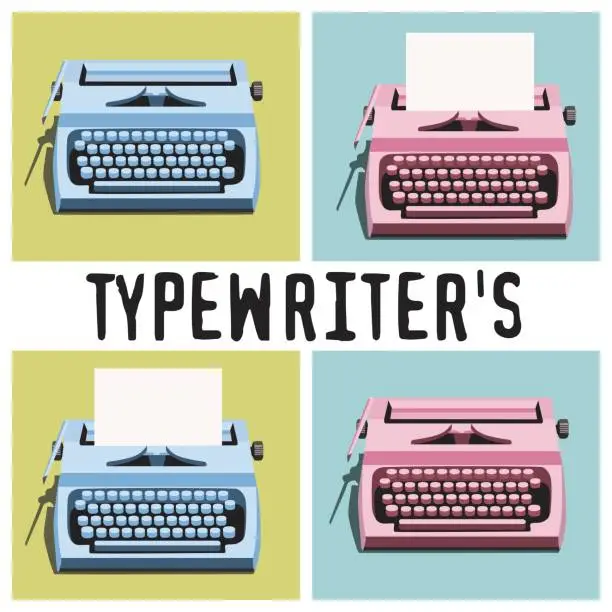 Vector illustration of Vector illustration of retro typewriter pop art. Illustration of bright typewriters pink and blue on colored backgrounds and sheets inside the typewriter. Printing for banner, repeating pattern