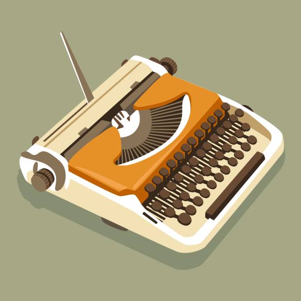 istock Stylish retro typewriter in bright orange colors as an element for a banner, a flyer and a postcard for the holiday. Writer's Day, poet's Day. Bright equipment on a green background. 2004702589