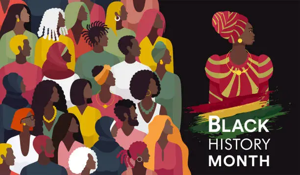 Vector illustration of Large Group of Black People. Black History Month. Seamless Pattern.