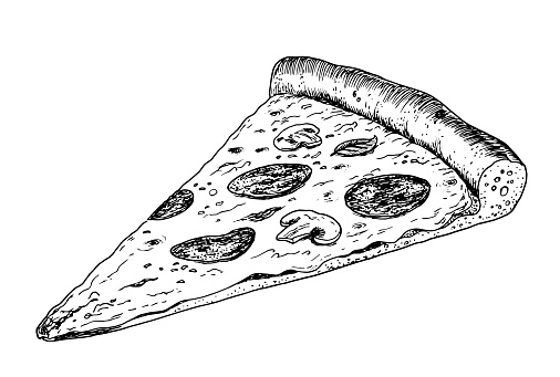 A hand drawn slice of pizza, monochrome classic pen and ink illustration. Artist: Mateusz Atroszko, created 12.02.2024.