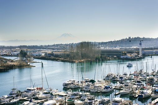 Tacoma, Washington, USA. Puget Sound Yachts and Rainier Volcano View