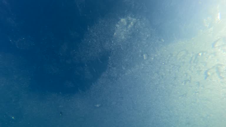 Bottom view on transparent ice moving on surface of river on blue sky background