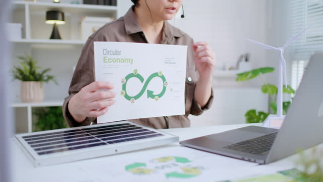 Professional presents circular economy diagram during an online team conference, highlighting sustainability strategies.