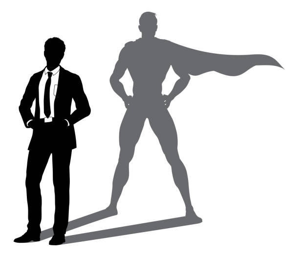 superhero business man with super hero shadow - revealed stock illustrations