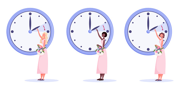 Daylight Saving Time concept. Spring forward vector illustration set. Flat style clock and diverse ethnicity women with flowers in pastel colors.