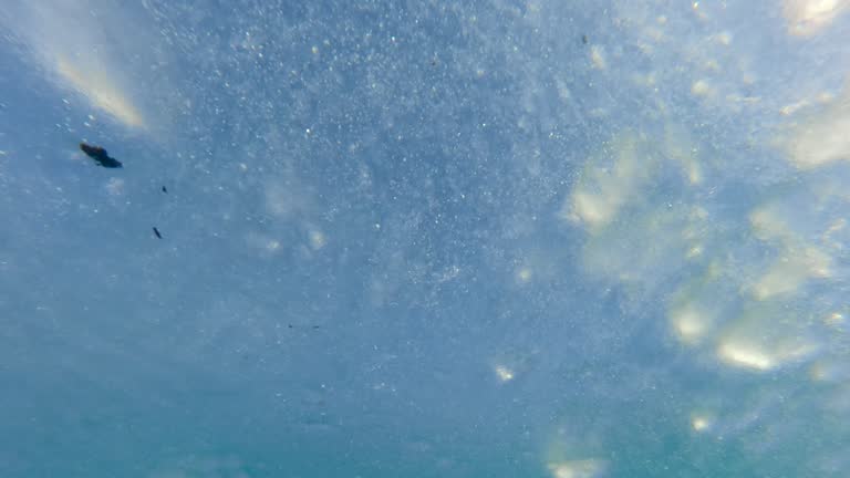 Bottom view on melted thinned ice floats down river on blue sky background