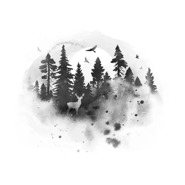 Vector illustration of Watercolor vector silhouette of foggy coniferous forest with deer and birds in gray colors. Nature hand drawn illustration with splashes