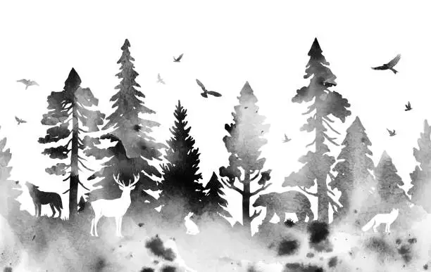 Vector illustration of Seamless watercolor vector pattern with coniferous forest and animals. Silhouette of firs, pines, deer, hare, fox, wolf, bear and birds isolated on white background. Nature border pattern