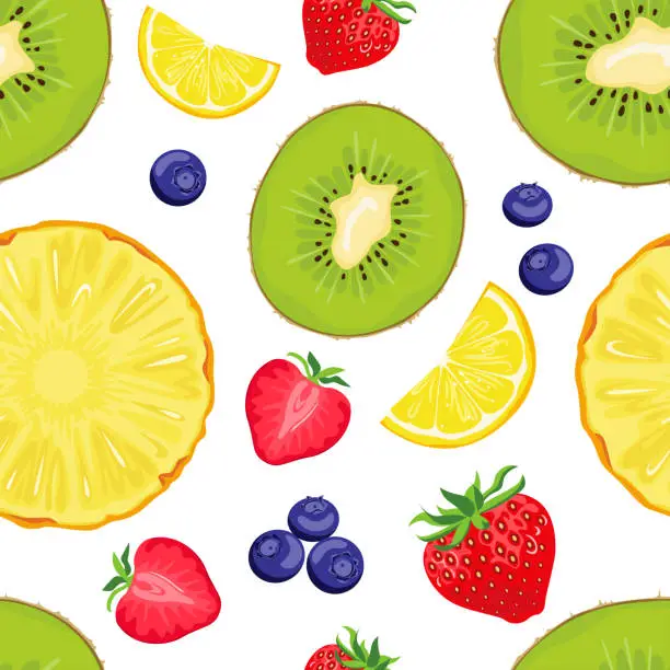 Vector illustration of Tropical fruits background. Seamless pattern with berry, slices of pineapple, lemon and kiwi. Vector cartoon illustration of healthy food.